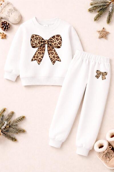 Kids Beyaz Leopar Kurdelleli Alt Üst Takım