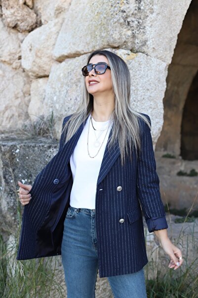 bytugcekaya Navy Blue Striped Four Button Blazer