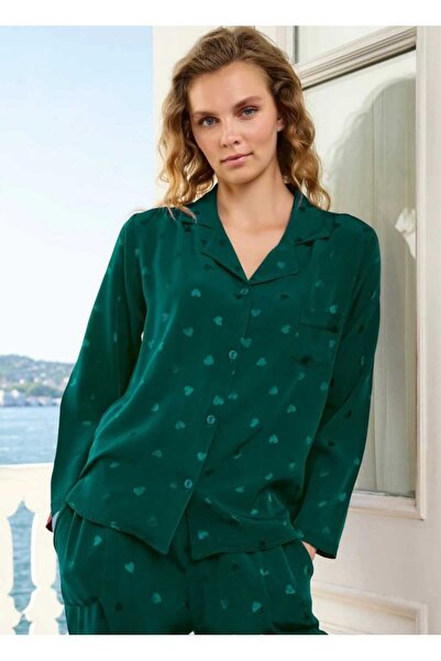 Belsonno Yeşil Kalpli Pamuk Saten Kadın Pijama Takımı