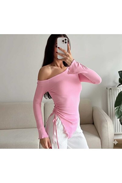 MODA Pembe kayık yaka omuz açık asimetrik kesim yandan büzmeli kolları yırtma...