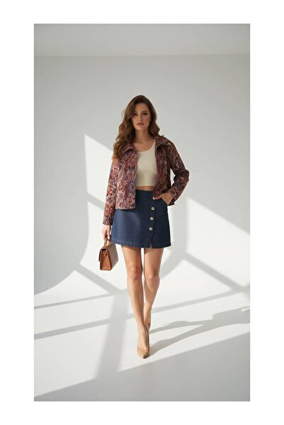 Coral Etnik Desenli Yakalı Düğmeli Ceket 30708 Bordo