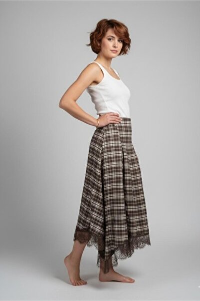 Be Best Women's Brown Skirt Lace Asymmetrical Plaid Skirt Be352