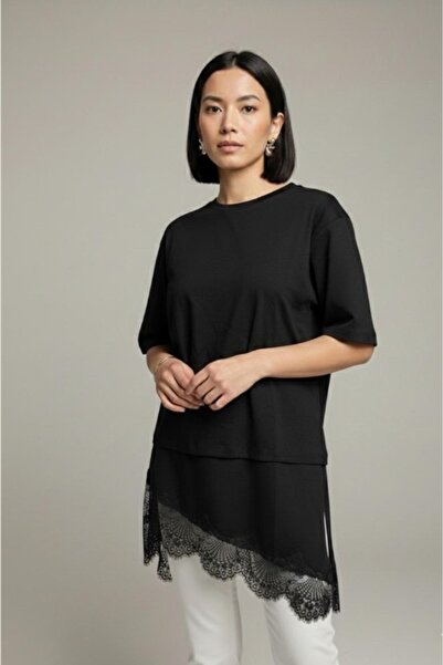 Be Best Fusta neagră de damă cu dantelă cu fantă tricou Rochie BE348