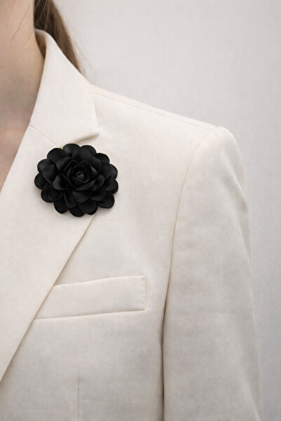 MOORİ Siyah Çiçek Broş – Şık Kumaş Gül Yaka İğnesi, Ceket & Fular Aksesuarı