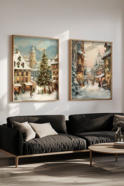 STARYUNA Set de pictură dublă tematică de Crăciun, oraș de iarnă, cu cadru di...