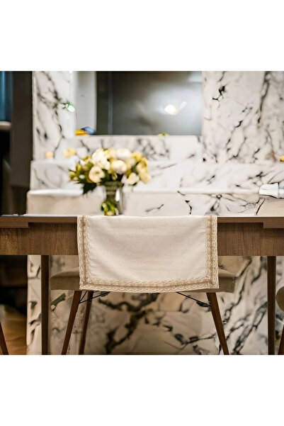 NDC HOME Special Design Organic Linen Cream Sand Color Lacy Runner Table Clot...