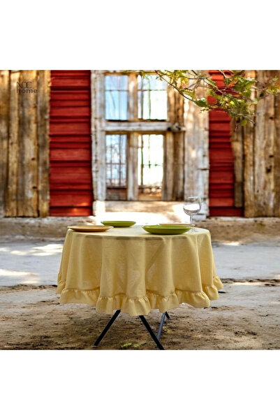 NDC HOME Yellow Linen Ruffle Round Tablecloth