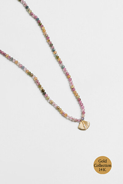 So CHIC... Deniz Kabuğu Figürlü Turmalin Taşlı 42 Cm 14 Ayar Altın Kolye