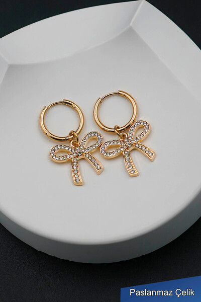 TREND COLLECTİON Gold Color Stone Bow Steel Hoop Earrings