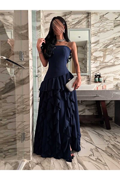 Anood navy blue chiffon evening dress