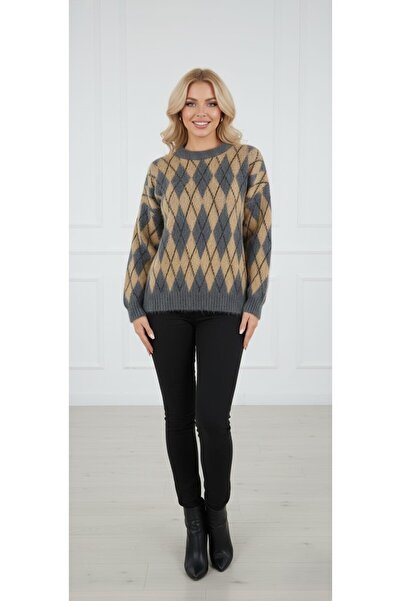 ZARİNCE LİFE Women's Soft Textured Fleece-Lined Diamond Pattern Sweater
