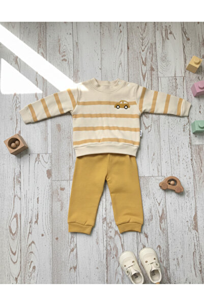 POFUDUK Bebek Çizgili Arabalı Sweatshirt ve Alt Eşofman 2’li Takım - Hardal/Ekru