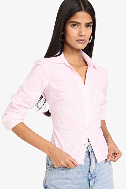 DeFacto Fitted Striped Bengaline Pink Women's Shirt D4013Ax/Pn633