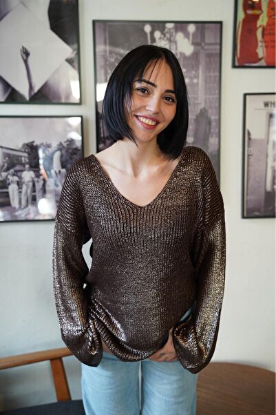 sumoda Women's Knitwear Foil Coated Sparkling V-Neck Shiny Long Mercerized Sw...