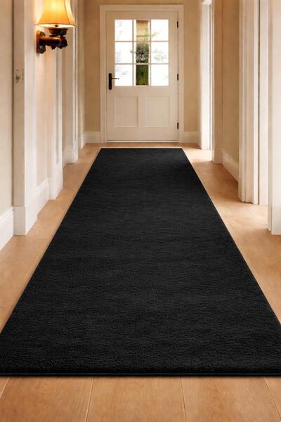 BESELY Siyah Kaymaz Taban Özel Ölçü Peluş Yıkanabilir Yumuşak Tüylü Halı Yoll...