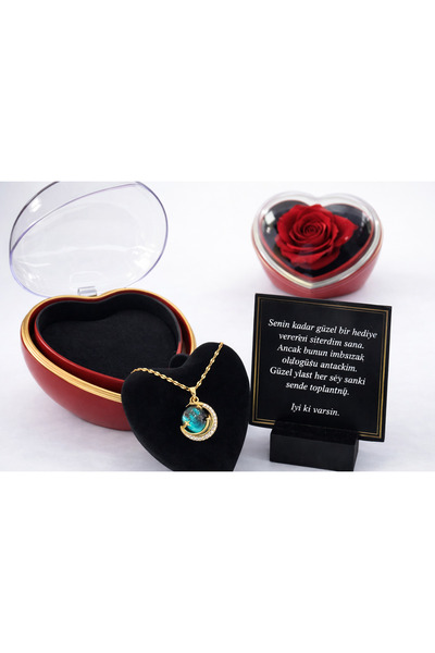 aromahediye Sky Planet Necklace in a Heart Box with Red Roses for Lover & Mot...