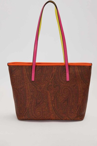 Levidor Ethnic Patterned Colorful Shopper Design Women's Shoulder Bag Dark Brown