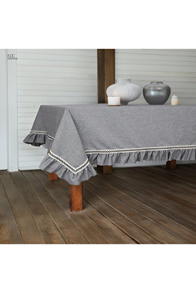 NDC HOME Gray Anthracite Linen Special Series Ruffled Tablecloth