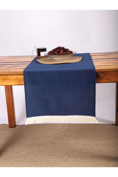 NDC HOME Преміум лляна синя скатертина з бахромою (45 x 150)