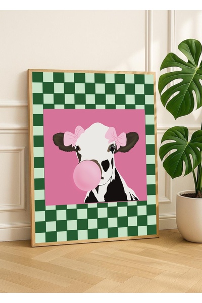 Simizm Sanatsal Renkli Damalı İnek Çerçevesiz Poster