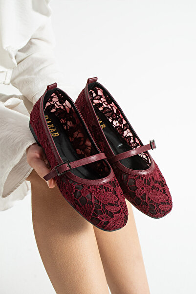 dabab shoes Merina Women's Burgundy Flat Ballet Lace Woven Floral Pattern Buc...