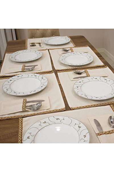 NDC HOME Keten 6lı Yeşil Dokuma Şeritli Amerikan Servis Seti Kaşıklık Hediyel...