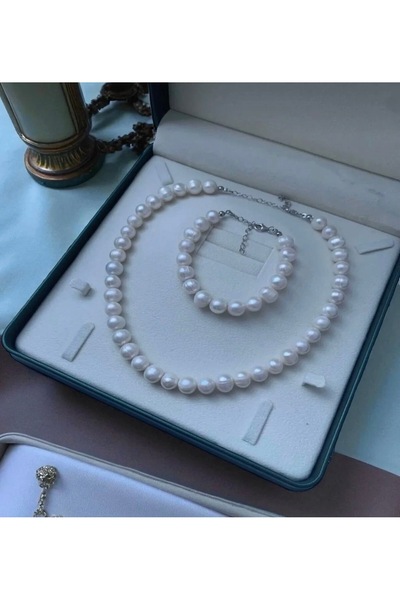 Taşmir Sertifikalı 925 Ayar Gümüş Doğal 10MM Inci Kolye Bileklik Set Gelin Dü...