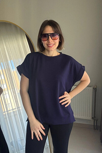 Kubos Moda Double Sleeve Honeycomb Fabric Navy Blue Blouse