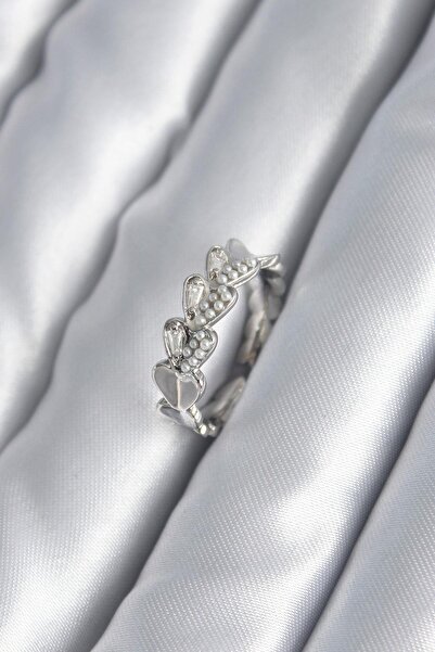 Inure Jewelry Brass Silver Color Heart Model Pearl Detail Women's Ring