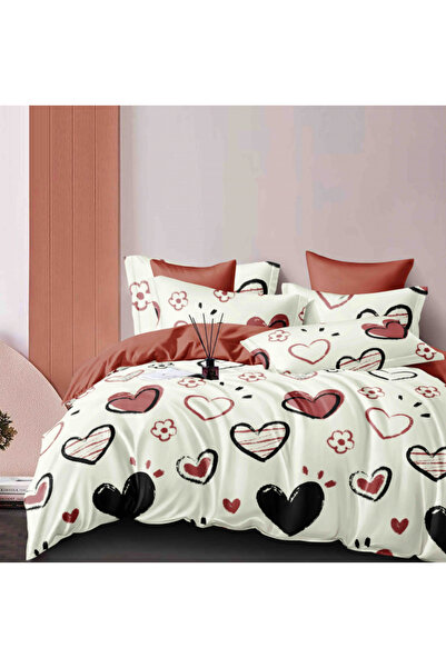 JOJO Double Bed Linen Set from Fine Cotton with Elastic, 6 Pieces - Beige Hearts