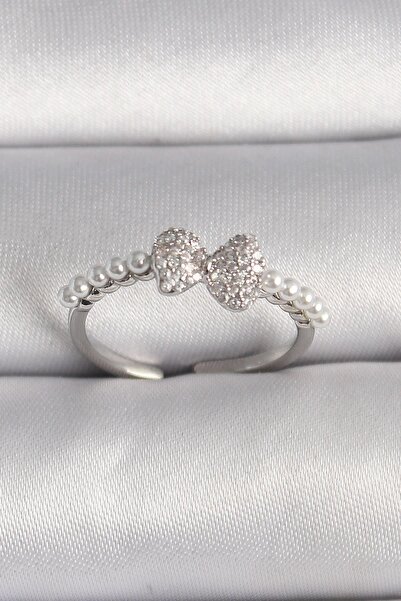 Inure Jewelry Brass Silver Color Zircon Stone Bow Pearl Detail Adjustable Ring