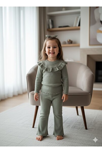 babykugu Fırfırlı Ribanalı Fitilli Pamuklu Esnek Alt Üst Takım 2'Li Set