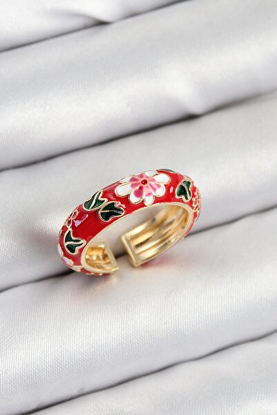 Inure Jewelry Brass Red Enamel Flower Motif Gold Color Adjustable Women's Ring