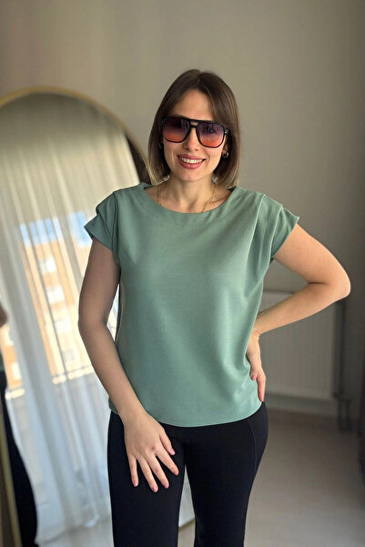 Kubos Moda Shoulders Draped Honeycomb Fabric Green Blouse