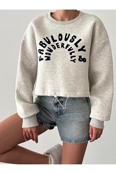 Ecenin Favorileri Fabulously Gray Crop Bel Elastic Fleece-Lined Sleeve Finger...