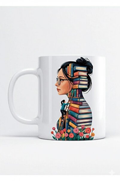sartre art Kitap Kadın Kitap Temalı Hediyelik Porselen Kupa Bardak