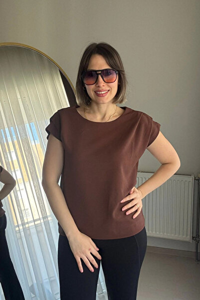 Kubos Moda Shoulders Draped Honeycomb Fabric Brown Blouse