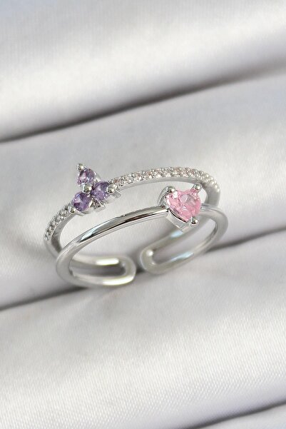 Inure Jewelry خاتم نسائي من النحاس على شكل قلب وزهرة من حجر الزركون باللون ال...