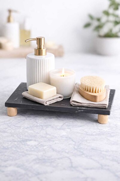 Marbello Siyah Kuvars Mermer Banyo Ve Mutfak Organizeri - Ahşap Ayaklı Sunum ...