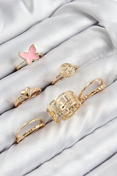 Inure Jewelry Brass Butterfly and Heart Model Gold Color Women's Ring Combina...