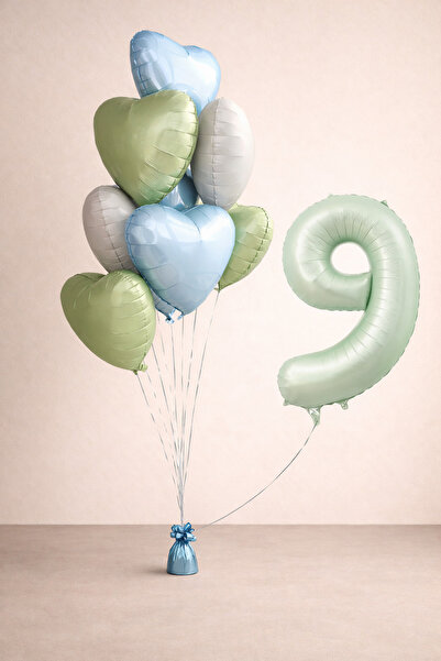 Balonsan -9- Year Old Retro Green Heart Birthday Set