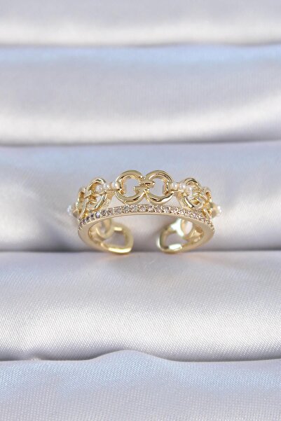 Inure Jewelry Brass Gold Color Zircon Stone Pearl Detail Women's Ring