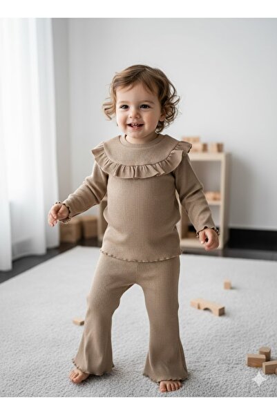 babykugu Ruffled Ribbed Corded Fabric Cotton Flexible Bottom Top Set 2-Piece Set