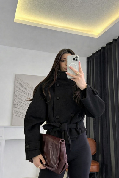 asyadabutik Women's Mock Neck Belted Short Lined Cashmere Coat