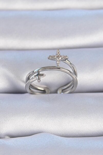 Inure Jewelry خاتم نسائي نحاسي فضي اللون مرصع بحجر الزركون على شكل نجمة