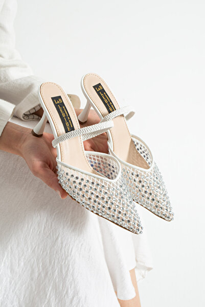 Lebibe Shoes Mina Women's White Mesh Stone 7 cm Heeled Slingback Pointed Toe ...