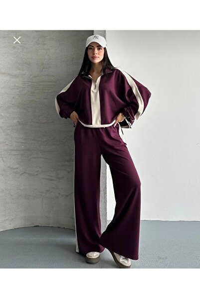 LETS BASIC Дамски спортен екип с контрастни ивици, половин цип и модален мате...