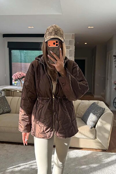 My Loore Women's Brown Quilted Hooded Comfortable Fit Belted Jacket & Coat