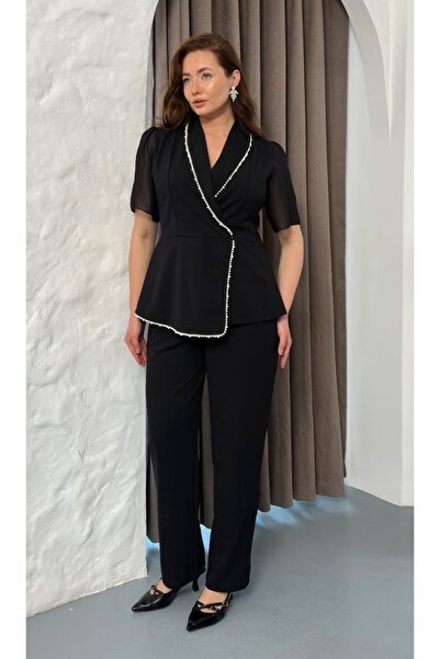 Butik Nilyam Women's Plus Size Double-Breasted Lapel Chiffon Sleeve Pearl Det...