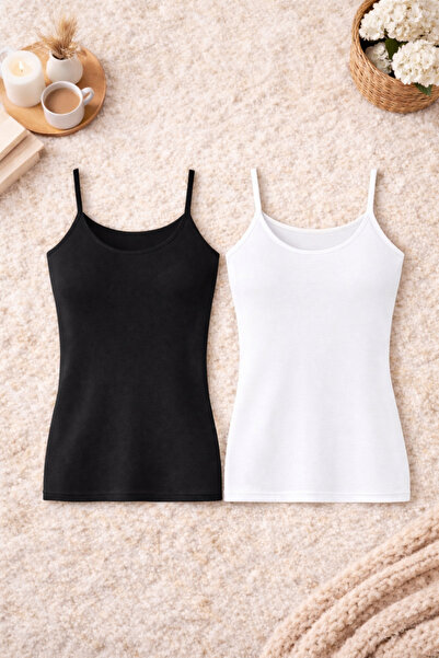 ROZELT Tricou din bumbac pieptănat, negru și alb, cu bretele din lycra, pentr...